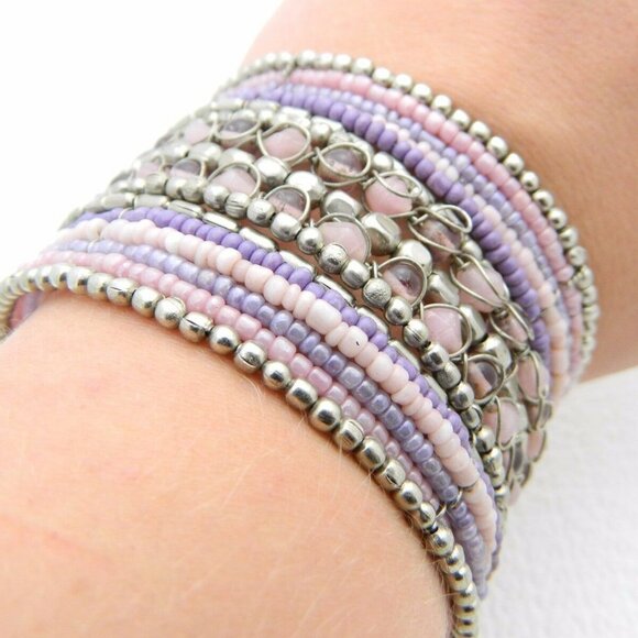 Multi-Colored Pink Purple Glass Bead Beaded Cuff - Picture 5 of 5